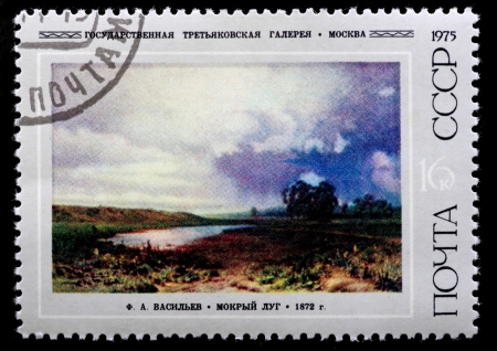 USSR - CIRCA 1975  The postal stamp printed in USSR is shown by the F A Vasilev the Wet meadow, CIRCA 1975 のeditorial素材