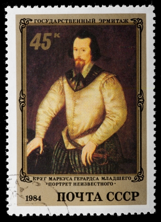 USSR - CIRCA 1984  The postal stamp printed in USSR is shown by the Circle of Markusa Gerardsa Minor  Portrait of the unknown person , CIRCA 1984 のeditorial素材
