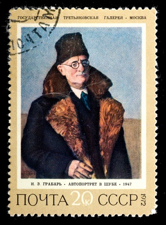 USSR - CIRCA 1972  The postal stamp printed in USSR is shown by the I E  Grabar  Self-portrait in a fur coat , CIRCA 1972 のeditorial素材