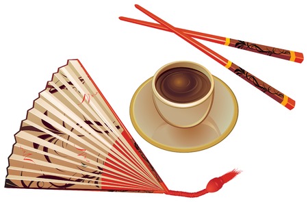 Chopsticks , fan and cup of tea.のイラスト素材