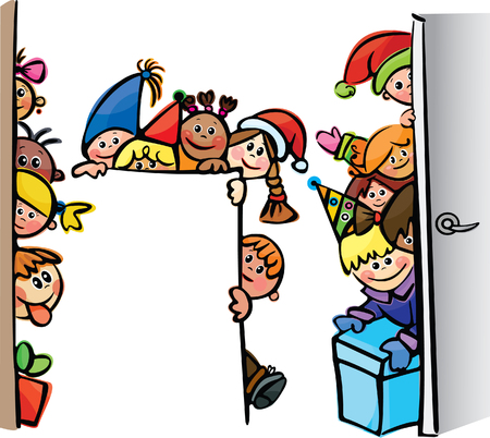 Happy kids  standing by white blank and doorのイラスト素材