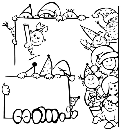 Silhouettes of happy kids standing by blank for designのイラスト素材