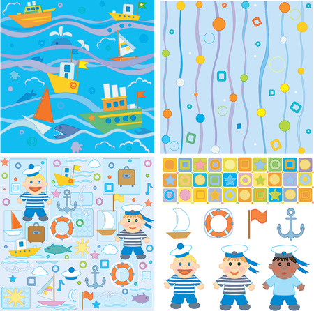 Backgrounds and design elements for baby boy scrapbook, small sailor のイラスト素材