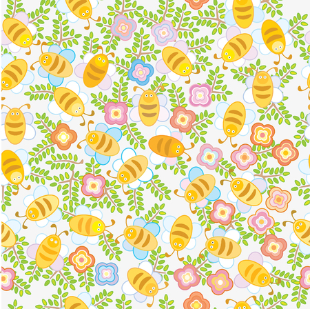 Cute seamless background with funny bees in flowers のイラスト素材