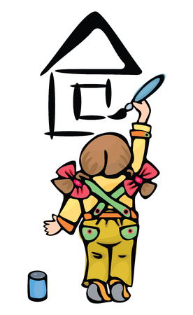 Smal girl draws house on wallのイラスト素材