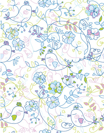 Floral seamless background with birdsのイラスト素材