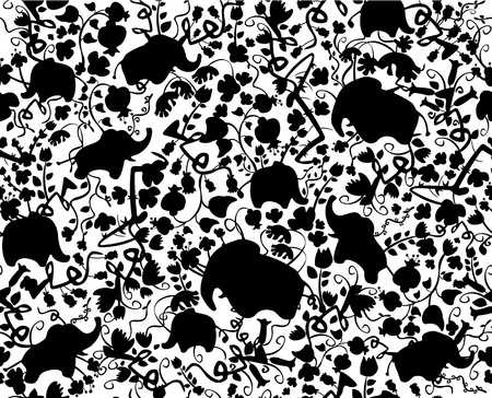 Seamless pattern of flora and elephantsのイラスト素材