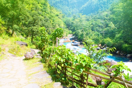 Beautiful  Himalaya landscape with pathroad and  mountain s  riverの写真素材