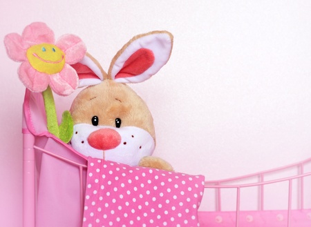 Cute baby rabbit hiding in cot の写真素材