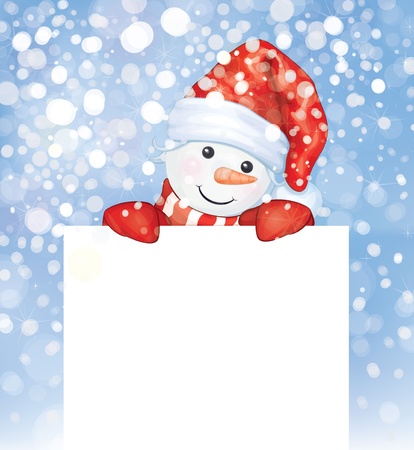 Fun snowman hiding by blank on snowfall background  のイラスト素材