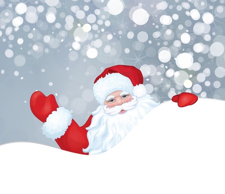 Vector of Santa Claus hiding by blank isolated on snowfall background のイラスト素材
