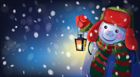 Vector snowman holding Christmas lantern on snowfall background のイラスト素材
