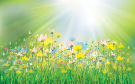 Vector sunshine background with colorful flowers  のイラスト素材