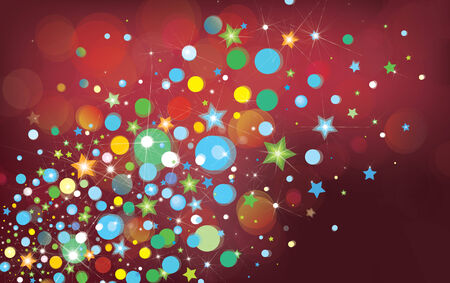 Vector colorful lights and stars on red bokeh background のイラスト素材