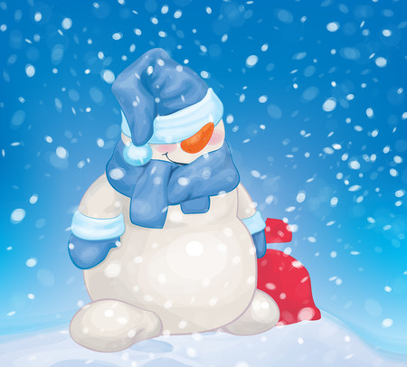 snowman holding bag on snowfall background  のイラスト素材