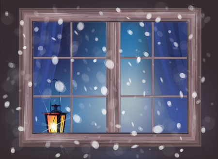 Vector winter night scene of window with lantern.のイラスト素材
