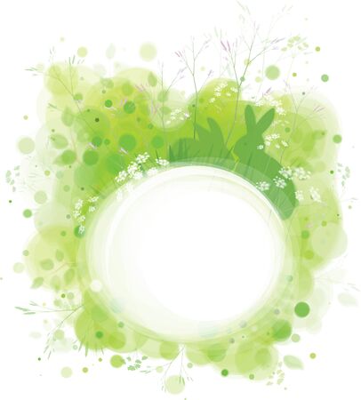 Vector spring frame, rabbits in grass,  green nature background.のイラスト素材