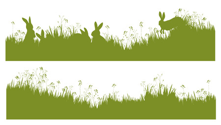 Vector silhouette rabbits in grass background.