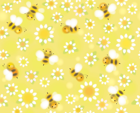 Vector seamless cute pattern chamomiles and bees.のイラスト素材