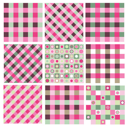 Vector set  checkered seamless patterns, pink and green colors.のイラスト素材
