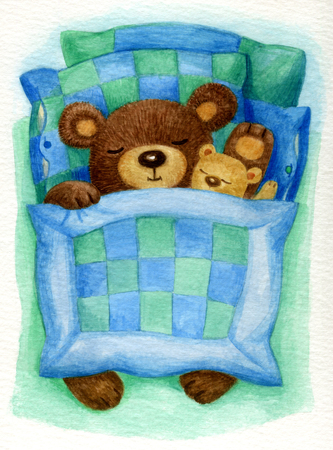 Cute sleeping baby bear in bed, watercolor.の写真素材