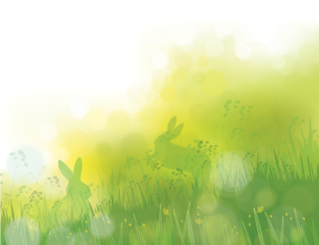 Vector rabbits in grass, spring nature background.のイラスト素材