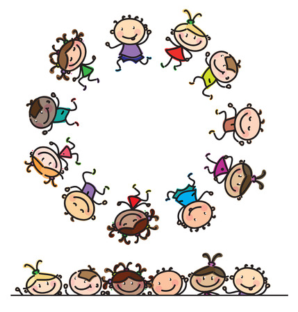 fun, dancing multi-ethnic kids cartoons isolated.のイラスト素材