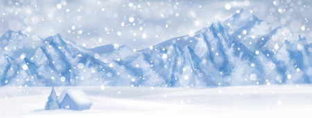 Vector  winter scene with  house at mountain background.のイラスト素材