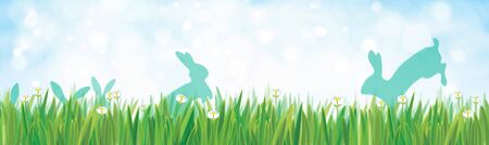 Vector nature background, rabbits in green grass.のイラスト素材