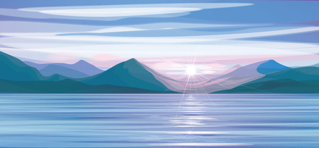 Vector   sea scene sunset,   mountains  background.のイラスト素材