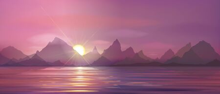 Vector   sea scene sunset  in mountains.のイラスト素材