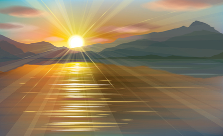 Vector   sea scene sunset  in mountains.のイラスト素材