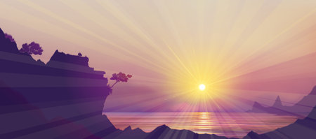 Sea scene sunset  in mountains.のイラスト素材