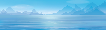 Vector blue panoramic sea   on  mountains  background.のイラスト素材
