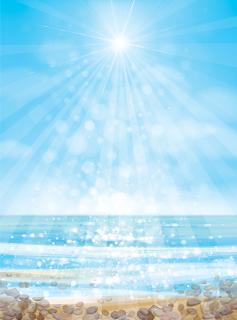 Vector  ocean with blue  sky and sandy beach and stones.のイラスト素材