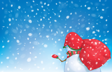 Vector snowman rear view walking on snowfall background.のイラスト素材