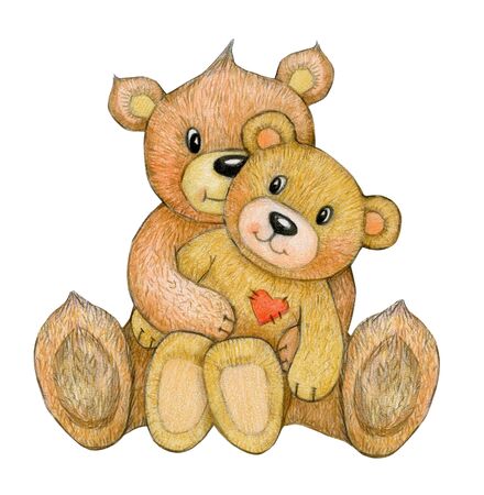 Cute,  sitting, cuddling  bears   isolated, hand drawing.の写真素材