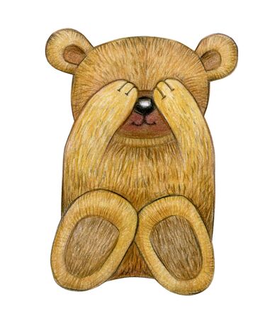 Cute  sitting baby bear hiding  face isolated on white, hand drawing.の写真素材