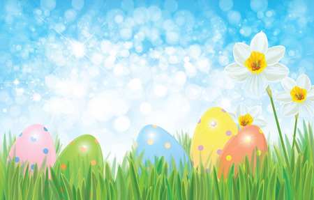 Easter eggs in grass and daffodils, Easter vector background.のイラスト素材