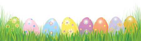 Vector Easter eggs in green grass solated border, Easter background.のイラスト素材