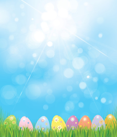 Vector Easter eggs in green  grass,   Easter background.のイラスト素材