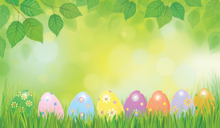 Vector Easter eggs in grass and  birch leaves border,  Easter background.のイラスト素材