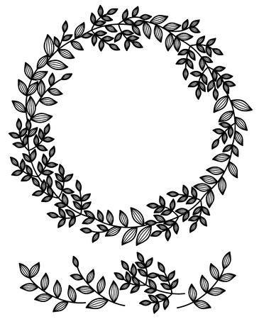 Vector floral  circle frame and branch elements, black  branches with leaves silhouette isolated on white.のイラスト素材