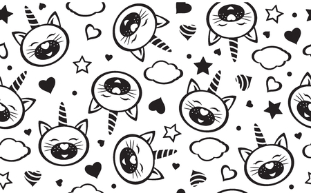 Vector cute cat unicorn and elements seamless pattern, black and white  silhouettes, isolated on white.のイラスト素材