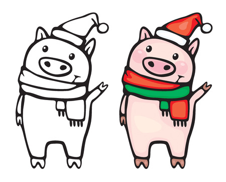 Vector  funny pigs,  black and white  silhouette and colored, isolated on white. Christmas pigs cartoons.のイラスト素材
