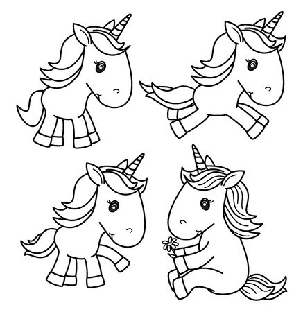 Vector cute baby  unicorn black  silhouettes, isolated on white.のイラスト素材