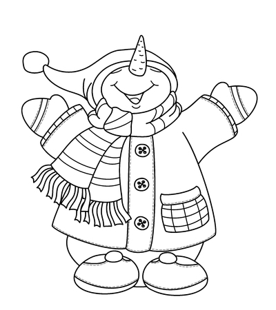 Vector   happy snowman cartoon, black  silhouette isolated on white for coloring.のイラスト素材