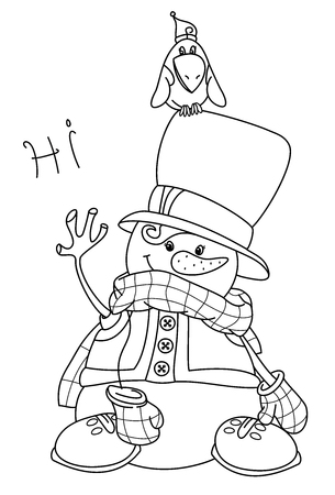 Vector   happy snowman cartoon, black  silhouette isolated on white for coloring.のイラスト素材