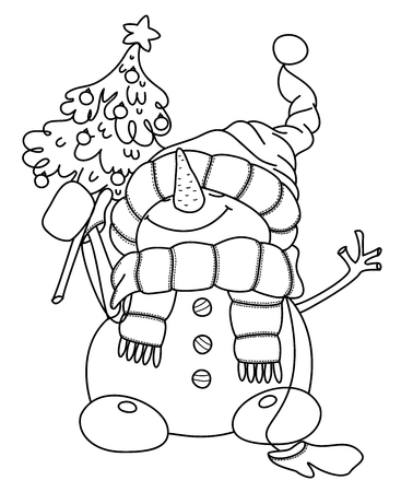 Vector happy snowman cartoon, holding Christmas tree, black  silhouette isolated on white for coloring.のイラスト素材