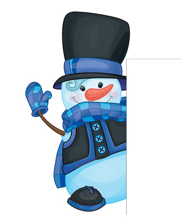 Vector  snowman cartoon hiding by blank, isolated on white.のイラスト素材